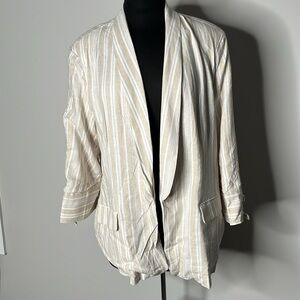 ELLEN TRACY Tan White Striped Linen Blend Open Front Jacket Size XL